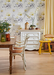 Modern wallpaper background cabinet table and wooden chair style, vase of plant and yellow curtain interior decor.