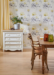 Modern wallpaper background cabinet table and wooden chair style, vase of plant and yellow curtain interior decor.