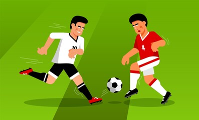 Fight for ball insoccer match between forward and defender. Football players in the game. vector illustration.