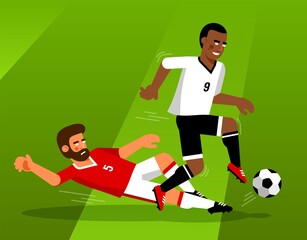 Football players fight for the ball. Football players - tackle in the game. Vector illustration.