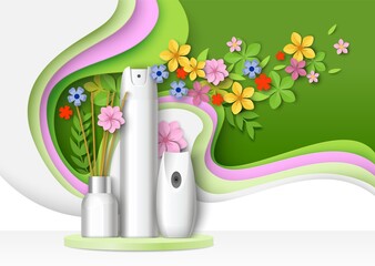Air freshener packaging bottle, aroma stick mockup set on podium, paper cut floral background, vector illustration.