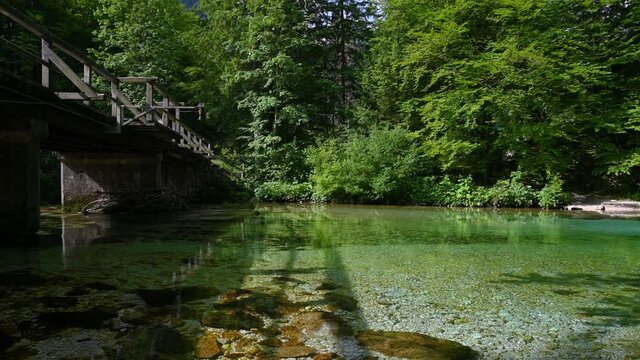 Clean river Sava Bohinjka flows in pristine nature. Location near Bohinj lake. Old wooden bridge. Green calm river in Slovenia. Static shot, wide angle