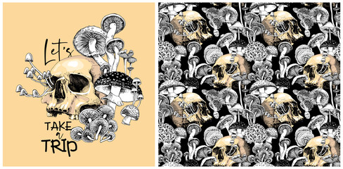 Collection of print and seamless pattern. Monochrome Magic Psychedelic Mushrooms and skulls. Humor textile composition, hand drawn style print. Vector illustration.
