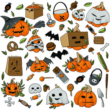 Halloween pumpkin doodle drawing on white. Color image. Isolated  vegetables, sweets. halloween costumes. Vector