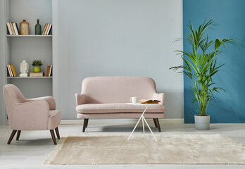 Grey and blue living room style, modern small sofa, carpet parquet floor, vase of green plant and shelf concept.