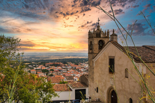 Town With A Beautiful Sky. Alburquerque Town And Santa Maria Del Mercado Church. Badajoz, Spain.
