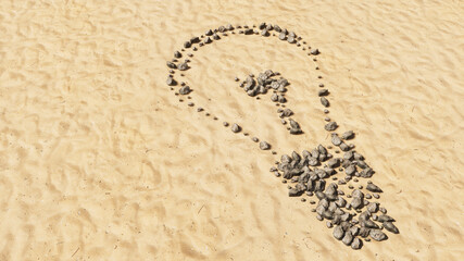 Concept conceptual stones on beach sand handmade symbol shape, golden sandy background, lightbulb sign. 3d illustration metaphor for inspiration, brainstorming, invention, energy-saving, electricity
