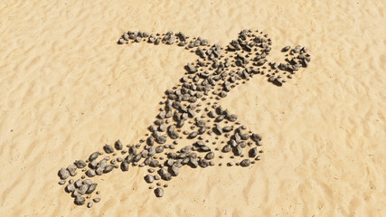 Concept conceptual stones on beach sand handmade symbol shape, golden sandy background, runner sign. A 3d illustration metaphor for athlete, sprinter, marathon, competition, exercise and  health