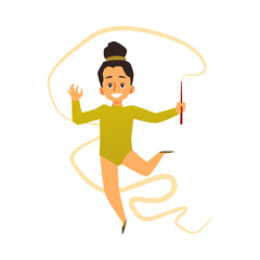 Fototapeta premium Little cute kid girl gymnast practicing gymnastics exercises with ribbon.