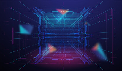 Futuristic HUD frames. Sci fi technology template design. Abstract Layout digital design User Interface Square Frames in neon style. Virtual space background. Neon HUD concept.