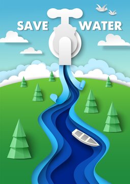 Save water poster design template. Paper cut water coming out of faucet. Clean, fresh water is limited resource, vector.