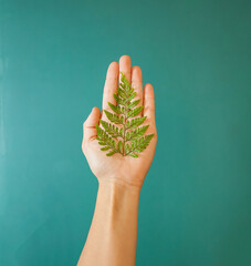 mano sujetando una hoja de helecho como simbolo del respeto al medio ambiente y de cuidado del planeta y la naturaleza