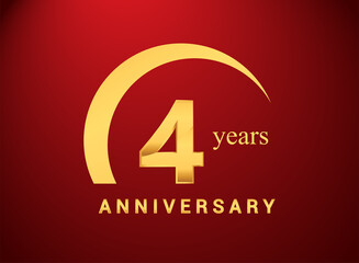 4th years golden anniversary logo with golden ring isolated on red background, can be use for birthday and anniversary celebration.