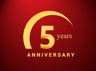5th years golden anniversary logo with golden ring isolated on red background, can be use for birthday and anniversary celebration. - obrazy, fototapety, plakaty