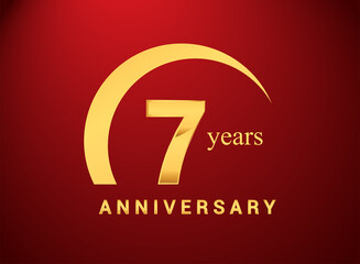 7th years golden anniversary logo with golden ring isolated on red background, can be use for birthday and anniversary celebration.