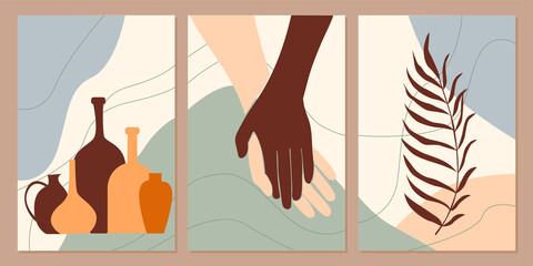 Boho minimalist wall art poster collection. Abstract boho print template set pattern background.