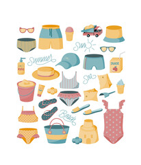 Summer set for beach for children, kids, boys and girls. Summer items. Panama, hat, cap, panties, swimming trunks, shorts, fused and separate swimsuits, juice, ice cream, sunscreen, flip floppy, slate