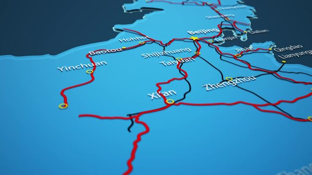 Light blue map of China with cities, roads and railways on a dark blue background. 4K Animation with alpha channel