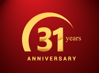 31st years golden anniversary logo with golden ring isolated on red background, can be use for birthday and anniversary celebration.