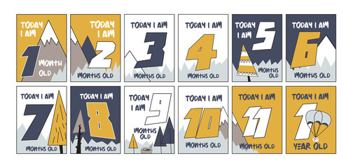 Milestone cards for new born. Colorful monthly baby cards with mountains, forest, trees. Printable stock vector template for growth memories photo. First year of baby boy or baby girl