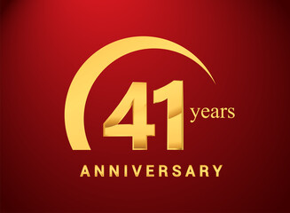 41st years golden anniversary logo with golden ring isolated on red background, can be use for birthday and anniversary celebration.
