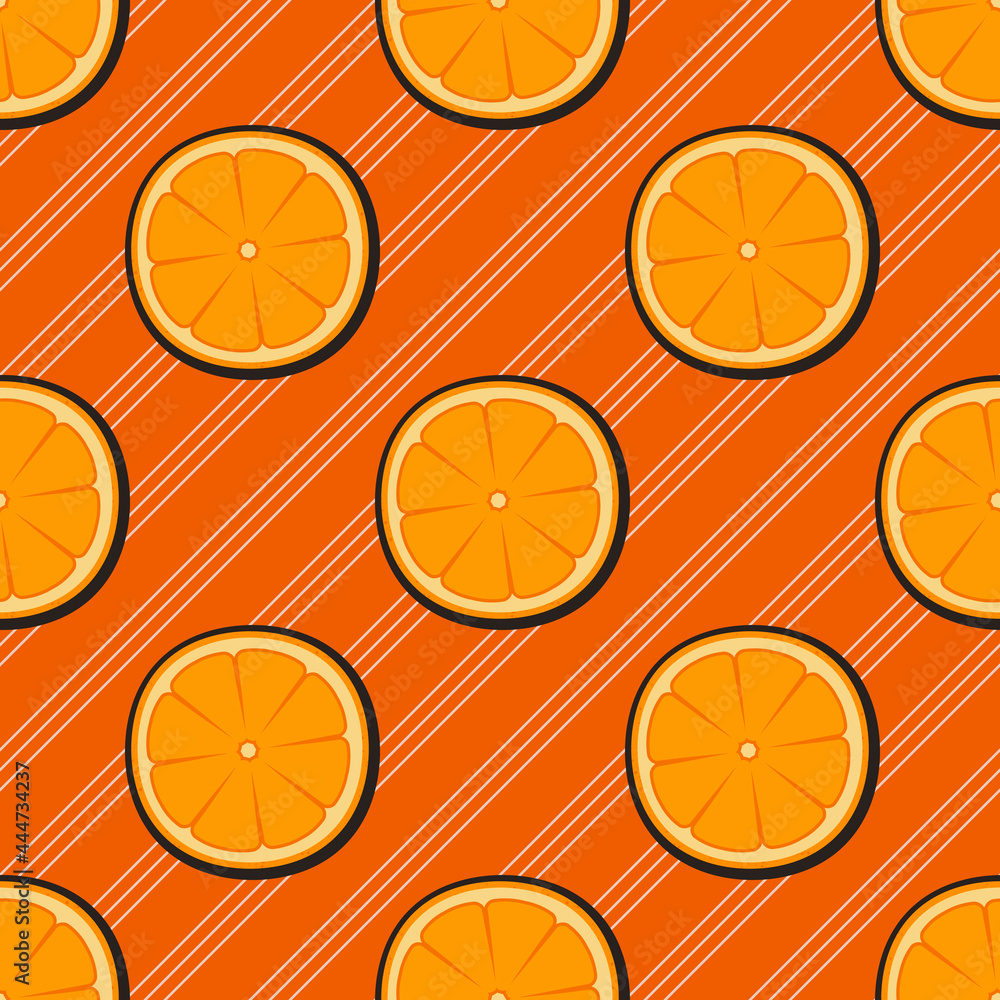 Poster citrus slices wallpaper. vector seamelss oranges and diagonal stripes pattern.