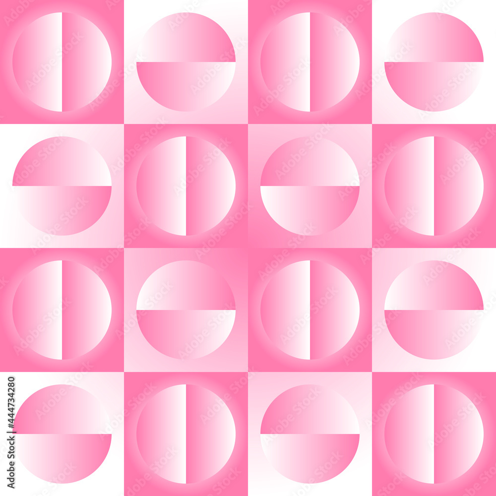 Poster pink checker tiles. vector squares with cicles inside. checkers ornament.