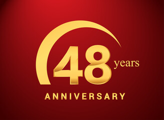 48th years golden anniversary logo with golden ring isolated on red background, can be use for birthday and anniversary celebration.