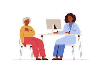 Doctor treats her middle-aged woman with pain in the breast. Cardiologist checks up woman's heart. Psychologist has offline consultation with anxious senior female.Cardiology and mental health concept