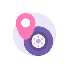 tire patch location icon concept, gps, location guide. directions to where to change tires or wheels. illustration of location symbols and car tires. flat cartoon style. vector design