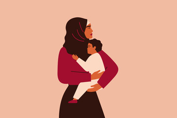 Arabian woman in hijab holds her baby with love and care. Strong muslim mother cuddles her child and looking forward. Vector illustration