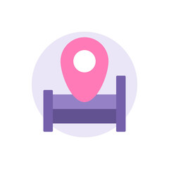 rest area location icon concept. gps and location guide. directions to a place of rest, hotel, or inn. illustration of location and mattress symbol. flat cartoon style. vector design