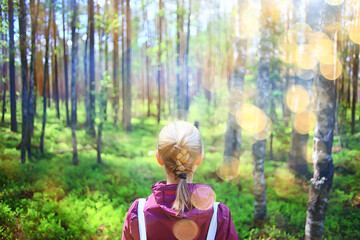 spring forest female windbreaker trekking, springtime rest nature landscape background woman tourist