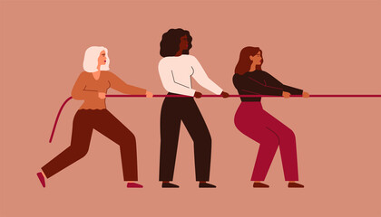 Strong women tug of war. Girls support each other and pull the rope together. Teamwork and female's empowerment movement concept. Vector illustration