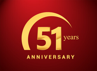 51st years golden anniversary logo with golden ring isolated on red background, can be use for birthday and anniversary celebration.