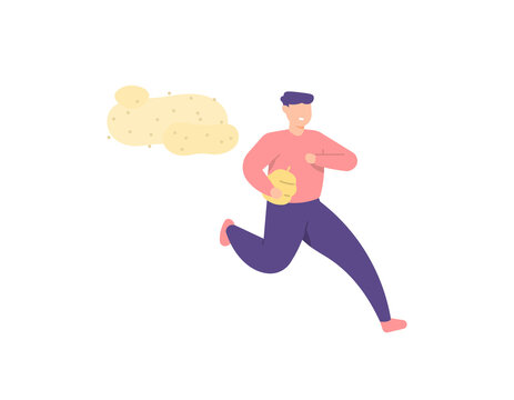 illustration of a man running because he is being chased by a swarm of bees. steal honey or beehives. honey thief. flat cartoon style. vector design