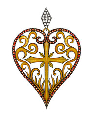 Jewelry design art vintage mix cross and heart gold pendant. Hand drawing and painting on paper.