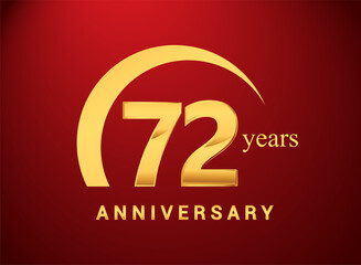 72nd years golden anniversary logo with golden ring isolated on red background, can be use for birthday and anniversary celebration.
