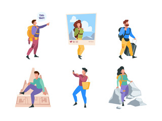 Fototapeta na wymiar Travellers. Family couples happy people characters going to vacation outdoor tourists with backpacks garish vector flat colored illustrations