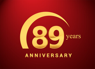 89th years golden anniversary logo with golden ring isolated on red background, can be use for birthday and anniversary celebration.