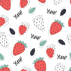Vector seamless pattern with strawberries and leaves on white background. Hand draw botanical backdrop with ripe wild berries and foliage. Illustration for wallpaper, fabric, textile print, wrapping
