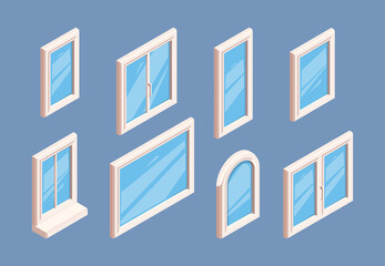 Window isometric. Industrial aluminium white frames for glasses room indoor window corners garish vector 3d templates collection