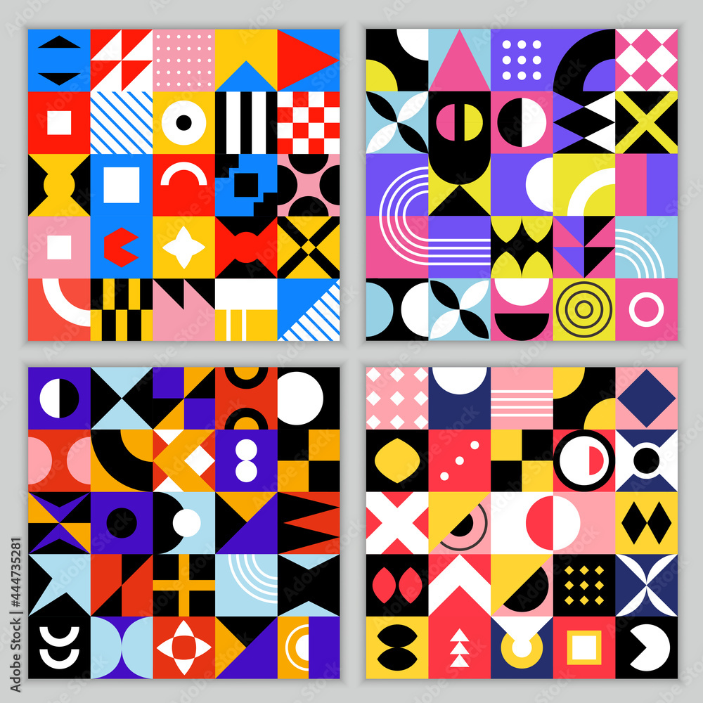 Poster neo geo pattern. seamless background with geometrical shapes vintage colored squares circles triangl