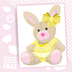 Obraz na płótnie Canvas A cute cartoon beige plush hare in a yellow T-shirt and a skirt with a yellow bow on his head is sitting. Plush toy. Postcard with abstract creative minimalistic composition. Vector illustration