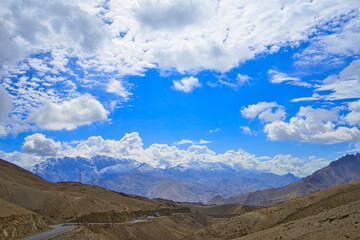 Beautiful natural scenery. The mountain range is the structure of the loess. View of between Lamayuru and Kargil in Ladakh ,Jammu and Kashmir, India, June 2018