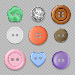 Tailor buttons. Colored clothes buttons closeup textile accessories fabric fashioned craft round items decent vector realistic pictures set