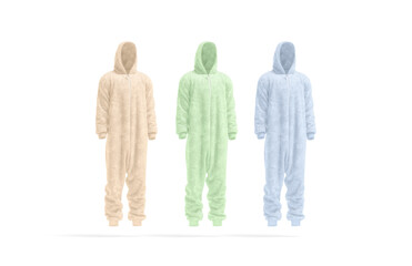 Blank colored plush jumpsuit with hood mockup, side view