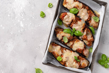 eggplant aubergine stuffed minced meat with tomato sauce and mozzarella cheese