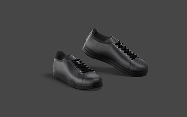 Blank black leather sneakers with lace tiptoe mockup, dark background