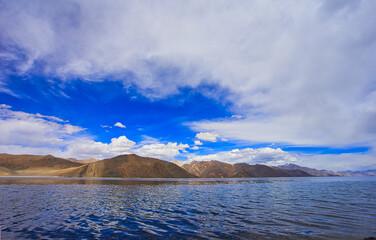 Pangong Tso or Pangong Lake is a brackish water lake, marshes and wetlands. Landscape an endorheic lake in the himalayas, Jammu and Kashmir, India. June 2018